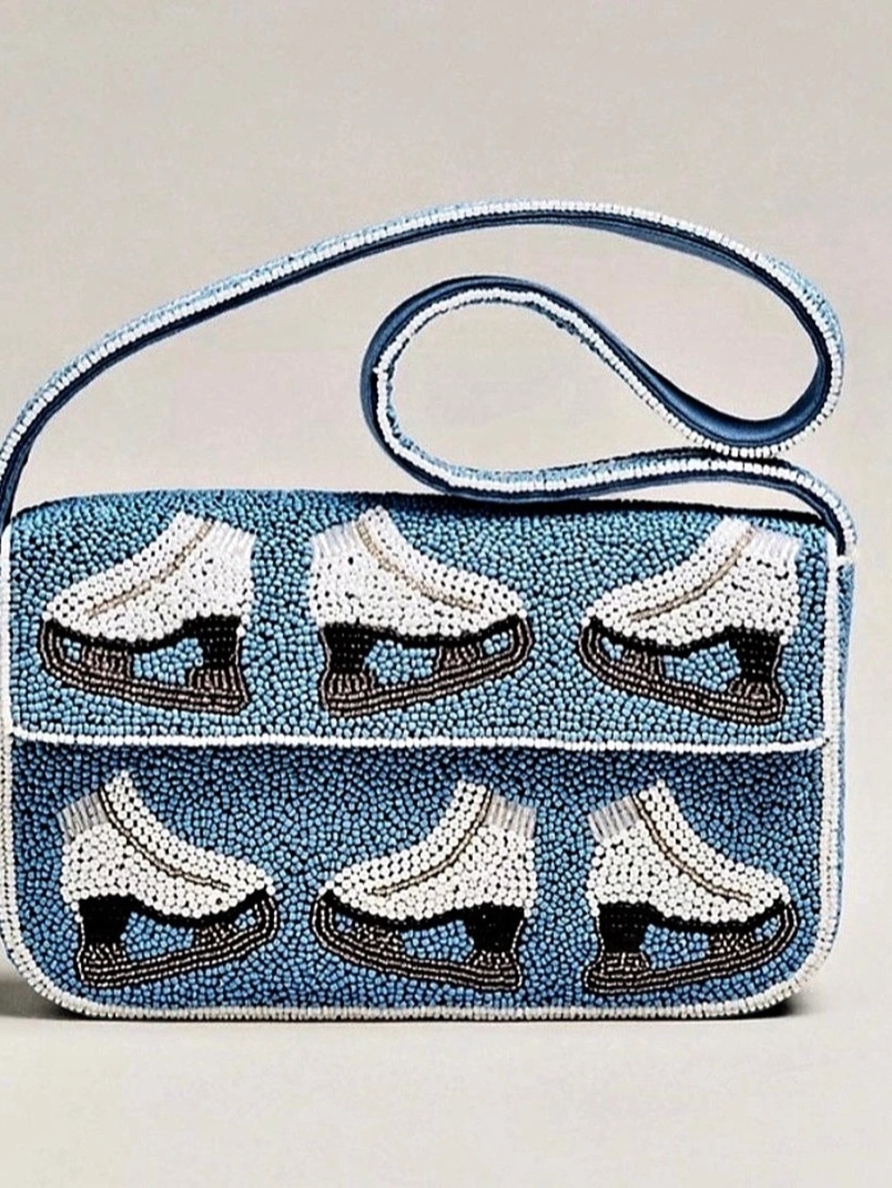Anthropologie Fiona Beaded Bag Winter Icon Ice Skates Blue & White